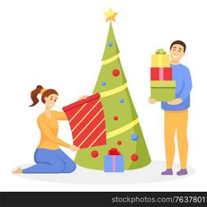 Christmas celebration vector, isolated people with presents by pine tree. Happy characters with gifts unpacking boxes on New Year eve. Man and woman by spruce decorated with baubles and star on top. Christmas Holiday Celebration, People by Pine Tree