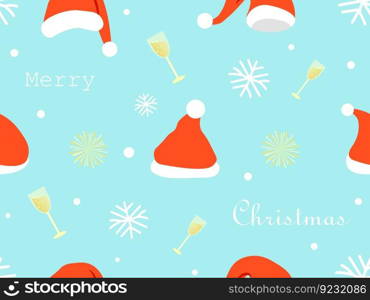 Christmas celebration vector seamless pattern festive background red santa hat ch&agne glass snowflake colorful flat cartoon package paper