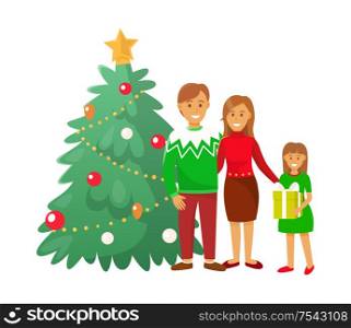 Christmas celebration winter holiday people at home vector. Pine tree plant with baubles and star, shining garlands and family mother and father couple. Christmas Celebration Winter Holiday People Home