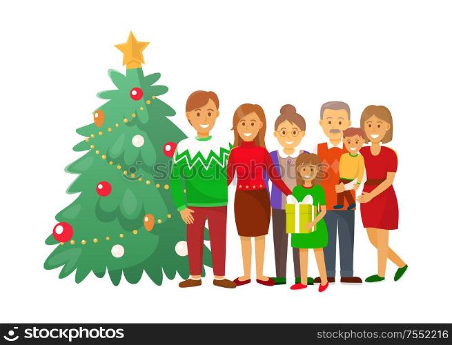 Christmas celebration xmas winter holiday at home vector. Grandmother and grandfather, children and grandchildren. Evergreen tree decorated with toys. Christmas Celebration Xmas Winter Holiday at Home