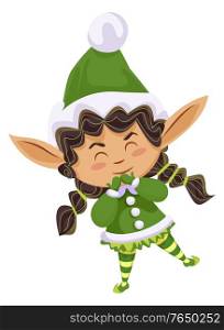 Christmas character isolated personage with long ears. Xmas elf wearing costume and hat. Cute child in winter clothes with closed eyes. Pixy in seasonal holidays period. Vector in flat style. Xmas Character, Elf Kid Female Christmas Dwarf