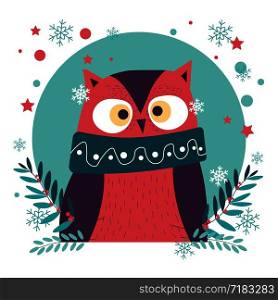Christmas character, snowflakes falling down and owl vector. Wildlife animal wearing knitted warm scarf with ornaments. Branches with leaves decoration of bird cartoon, portrait of owlet in clothes. Christmas character, snowflakes falling down and owl bird