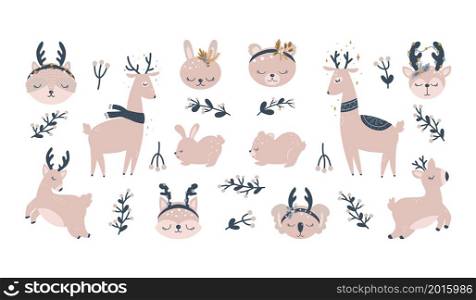 Christmas characters - animals. Cute Woodland characters, bear, fox raccoon deer. Vector illustration.. Christmas characters - animals. Cute Woodland characters, bear, fox, raccoon, deer. Vector illustration