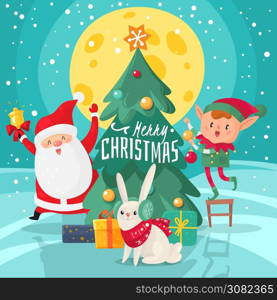Christmas characters background. Happy Merry Christmas and New Year greeting card with friends. Santa Claus with xmas tree and helpers, rabbit and elf with gifts cartoon vector december holiday poster. Christmas characters background. Happy Merry Christmas and New Year card with fun friends. Santa Claus with xmas tree and helpers, rabbit and elf with gifts cartoon vector holiday poster
