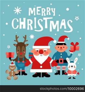Christmas characters background. Santa, gingerbread Man and white rabbit and elf, deer with gift. 2020 new year party vector card. Illustration santa claus, deer and rabbit, christmas gift celebration. Christmas characters background. Santa, gingerbread Man and white rabbit and elf, deer with gift. 2020 new year party vector card
