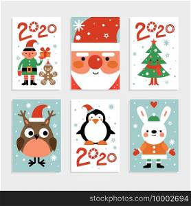Christmas characters card set. Santa, penguin and fir-tree, white rabbit and owl, elf with gift. 2020 new year party vector invitation. Christmas penguin and deer, december winter illustration. Christmas characters card set. Santa, penguin and fir-tree, white rabbit and owl, elf with gift. 2020 new year party vector invitation