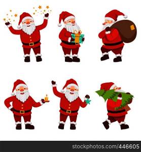 Christmas characters collection of cute santa in different action poses. Santa claus characterin red costume, vector illustration. Christmas characters collection of cute santa in different action poses
