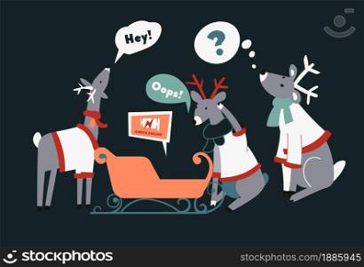 Christmas characters funny animals in winter. Reindeers forgot to charge sleigh, deers and sledges showing battery power. Comic situation in new years eve, noel traditions vector in flat style. Polar reindeers and sleight, funny christmas and new year