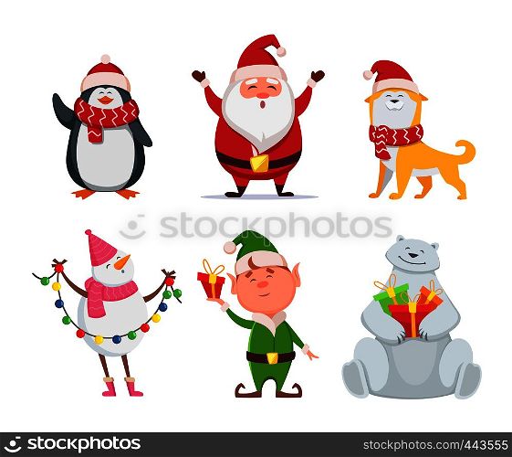 Christmas characters in cartoon style. Santa, yellow dog, elf. Penguin and snowman. Holiday cute bear and santa claus. Vector illustration. Christmas characters in cartoon style. Santa, yellow dog, elf. Penguin and snowman