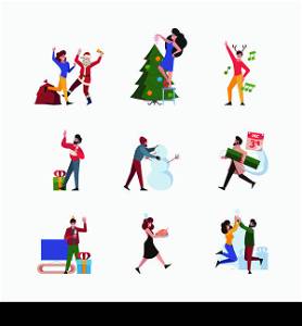 Christmas characters. New year celebration people with gifts and funny caps party dance family couples with kids garish vector happy persons. Illustration of character happy and christmas. Christmas characters. New year celebration people with gifts and funny caps party dance family couples with kids garish vector happy persons