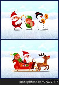 Christmas characters, Santa Claus with elf and snowman holding trumpet, drum and shock plates. Sleigh with Xmas gifts and deer vector illustrations. Christmas Characters, Santa with Elf and Snowman