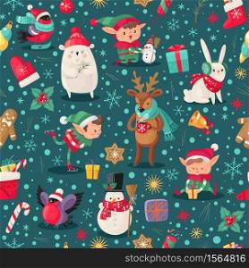 Christmas characters seamless pattern. Santa Claus helpers, deer and snowman, elf and arctic bear winter childish xmas holidays design for wallpaper, textile and wrapping paper, vector texture. Christmas characters seamless pattern. Santa Claus helpers, deer and snowman, elf and bear winter childish xmas design for wallpaper, textile and wrapping paper, vector texture
