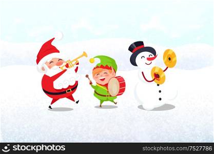 Christmas characters with musical instruments set. Santa Claus playing trumpet, elf with drum and snowman beating shock plates vector illustration. Christmas Characters with Musical Instruments