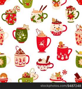 Christmas chocolate and eggnog drinks seamless pattern. Festive cups and mugs of hot beverages vector background, winter holiday cocoa, egg nog and coffee with whipped cream, cinnamon and Xmas cookie. Christmas chocolate and eggnog seamless pattern