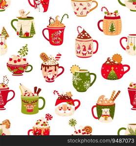 Christmas chocolate and eggnog drinks seamless pattern with cartoon cups and mugs. Winter holidays vector background of eggnog hot beverage ceramic mugs with candies, cream, cinnamon and gingerbread. Christmas chocolate and eggnog drinks pattern