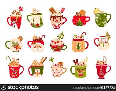Christmas chocolate and eggnog drinks, winter holiday hot cups, vector icons. Christmas eggnog or milk punch beverages in cups and mugs, hot chocolate drinks for New Year and Xmas greeting card. Christmas chocolate eggnog drinks, winter holiday