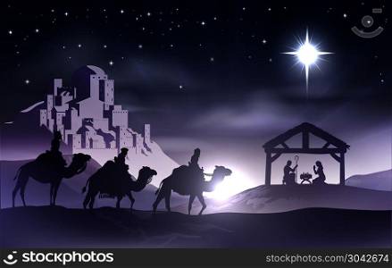 Christmas Christian nativity scene with baby Jesus in the manger in silhouette, three wise men or kings and star of Bethlehem with the city of Bethlehem in the distance. Nativity Christmas Scene
