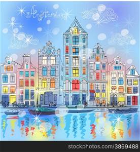 Christmas city view of Amsterdam canal, typical dutch houses and boats, Holland, Netherlands.