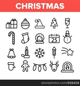 Christmas Collection Elements Vector Icons Set Thin Line. Christmas Presents And Toys, Pine Tree And Snowman, Fireworks And Deer Silhouette Concept Linear Pictograms. Monochrome Contour Illustrations. Christmas Collection Elements Vector Icons Set