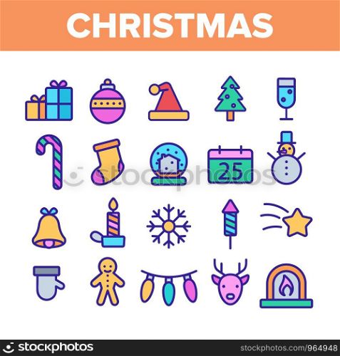 Christmas Collection Elements Vector Icons Set Thin Line. Christmas Presents And Toys, Pine Tree And Snowman, Fireworks And Deer Silhouette Concept Linear Pictograms. Color Contour Illustrations. Christmas Color Elements Vector Icons Set