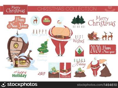 Christmas Collection for Greeting Card or Scrapbooking Design, Decorative Elements and Typography Isolated on White Background. Santa Claus Attributes, Gifts, Fir Tree Cartoon Flat Vector Illustration. Christmas Collection for Greeting Card, Scrapbook