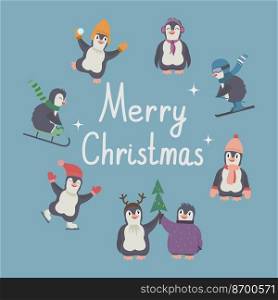 Christmas collection of cute cartoon penguins with warm clothes. Winter vector baby illustration for children print. Winter happy little characters. Ready for Christmas. Christmas circle of cute cartoon happy funny penguins with warm clothes waiting for holidays. Winter vector illustration for children print with Merry Christmas text.