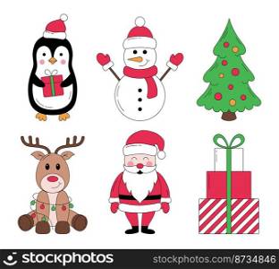 Christmas collection of cute characters and elements. Santa Claus, reindeer, penguin, snowman, tree, gift boxes.