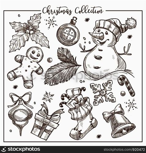 Christmas collection of symbolic traditional elements monochrome sketch outline vector. Snowman with carrot nose, mistletoe plant leaf, snowflakes and watch. Bell and gingerbread man character. Christmas collection of symbolic traditional elements monochrome sketch outline vector.
