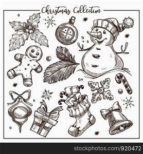 Christmas collection of symbolic traditional elements monochrome sketch outline vector. Snowman with carrot nose, mistletoe plant leaf, snowflakes and watch. Bell and gingerbread man character. Christmas collection of symbolic traditional elements monochrome sketch outline vector.