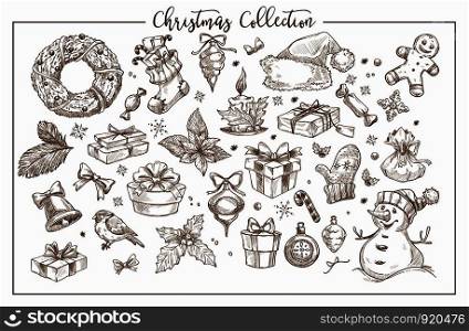 Christmas collection of symbolic traditional elements monochrome sketch outline vector. rnate wreaths with candle, little bird and Santas hat, sweet candies and warm wool mittens. Christmas collection of symbolic traditional elements monochrome sketch outline vector.