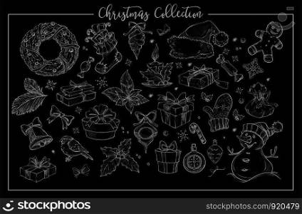 Christmas collection of symbolic traditional elements monochrome sketch outline vector. rnate wreaths with candle, little bird and Santas hat, sweet candies and warm wool mittens. Christmas collection of symbolic traditional elements monochrome sketch outline vector.