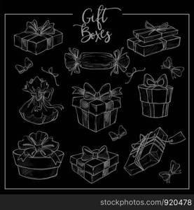 Christmas collection of symbolic traditional gift boxes monochrome sketch outline vector. Isolated illustration.. Christmas collection of symbolic traditional gift boxes monochrome sketch outline vector.