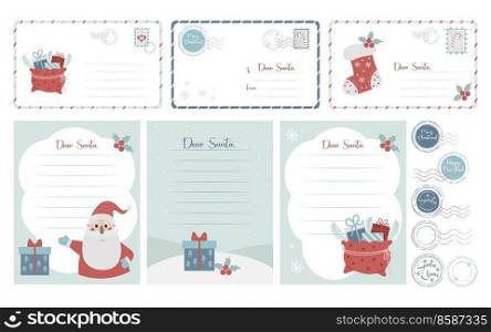 Christmas collection templates. Letter to Santa Claus, new year postal envelopes and postage st&s. Big set of isolated vector illustration for decoration of Christmas cards and gifts