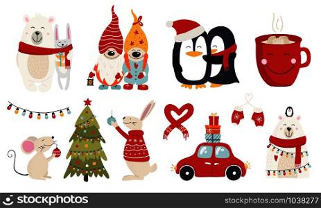 Christmas collection with cute animals and decorative elements. Characters hugs hand drawn. Vector illustration. Set of christmas characters hugs