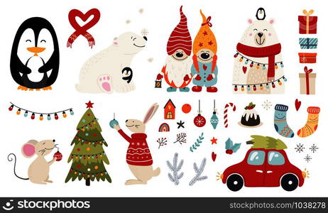 Christmas collection with cute animals and decorative elements. Characters hugs hand drawn. Vector illustration. Set of christmas characters hugs