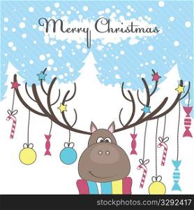 Christmas colorful reindeer with fun gifts. Vector illustration