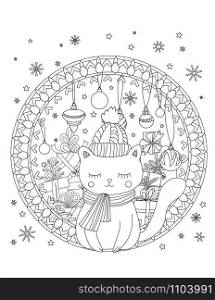 Christmas coloring page. Adult coloring book. Cute cat with scarf and knitted cap. Holiday decoration and pile of presents. Hand drawn vector illustration.. Christmas coloring page