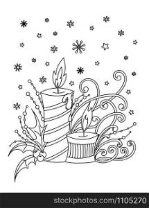 Christmas coloring page. Adult coloring book. Holiday decor, candales, hilly barries, ribbons and snowflakes. Hand drawn vector illustration.. Christmas coloring page