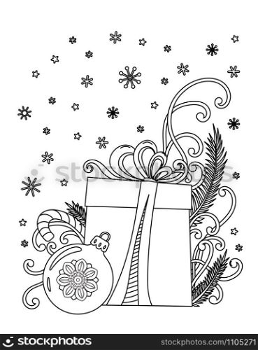 Christmas coloring page. Adult coloring book. Holiday gifts and decore. Hand drawn vector illustration.. Christmas coloring page