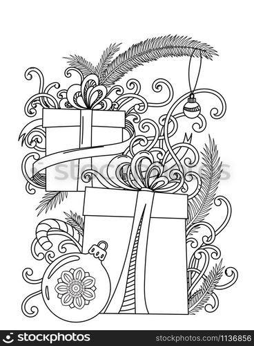 Christmas coloring page. Adult coloring book. Holiday gifts and decore. Hand drawn vector illustration.. Christmas coloring page