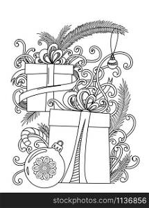 Christmas coloring page. Adult coloring book. Holiday gifts and decore. Hand drawn vector illustration.. Christmas coloring page