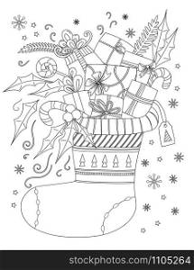Christmas coloring page. Coloring Book for adults. Christmas sock with gifts and candy cane. Hand drawn vector illustration. Christmas coloring page