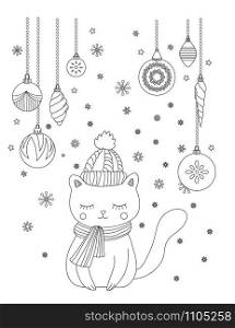 Christmas coloring page for kids and adults. Cute cat with scarf and knitted cap. Hand drawn vector illustration.. Christmas coloring page