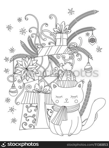 Christmas coloring page for kids and adults. Cute cat with scarf and knitted cap. Pile of holiday presents. Hand drawn vector illustration.. Christmas coloring page
