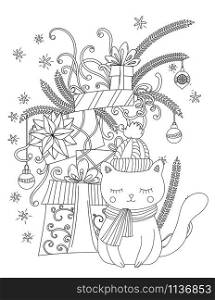 Christmas coloring page for kids and adults. Cute cat with scarf and knitted cap. Pile of holiday presents. Hand drawn vector illustration.. Christmas coloring page