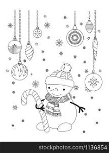 Christmas coloring page for kids and adults. Cute snowman with scarf and knitted cap. Hand drawn vector illustration.. Christmas coloring page