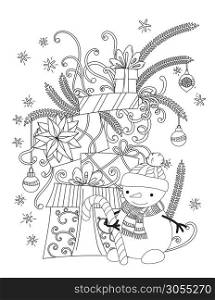 Christmas coloring page for kids and adults. Cute snowman with scarf and knitted cap. Pile of holiday presents. Hand drawn vector illustration.. Christmas coloring page