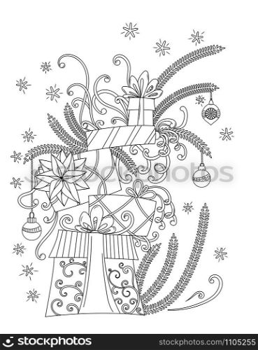 Christmas coloring Pages. Coloring Book for adults. Pile of holiday presents. Christmas decoration, cartoon gift boxes, ribbons, balls, stars and snowflakes. Hand drawn outline vector illustration.. Christmas coloring page