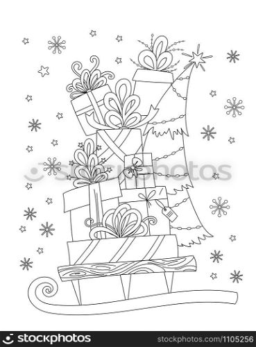 Christmas coloring Pages. Coloring Book for adults. Pile of holiday presents on the sleigh. Christmas decoration, cartoon gift boxes, snowflakes and fir tree. Hand drawn outline vector illustration.. Christmas coloring page