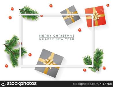 Christmas composition. Gifts, fir tree branches, gift on white background. Winter and new year concept. Flat lay, top view, copy space